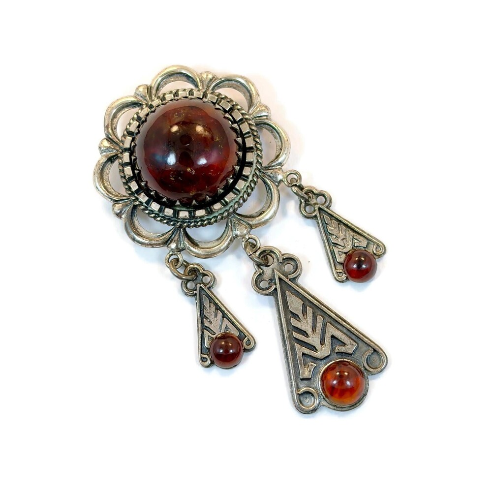 Amber Pendant, Sterling Silver, Brooch, Vintage, Cognac Amber